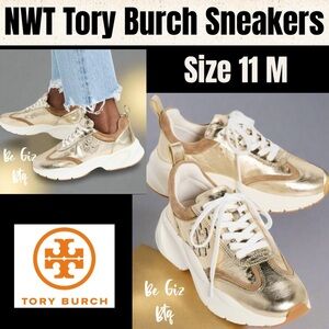 NWT Authentic Tory Burch T Monogram Good Luck Sneakers Size 11 M Gold